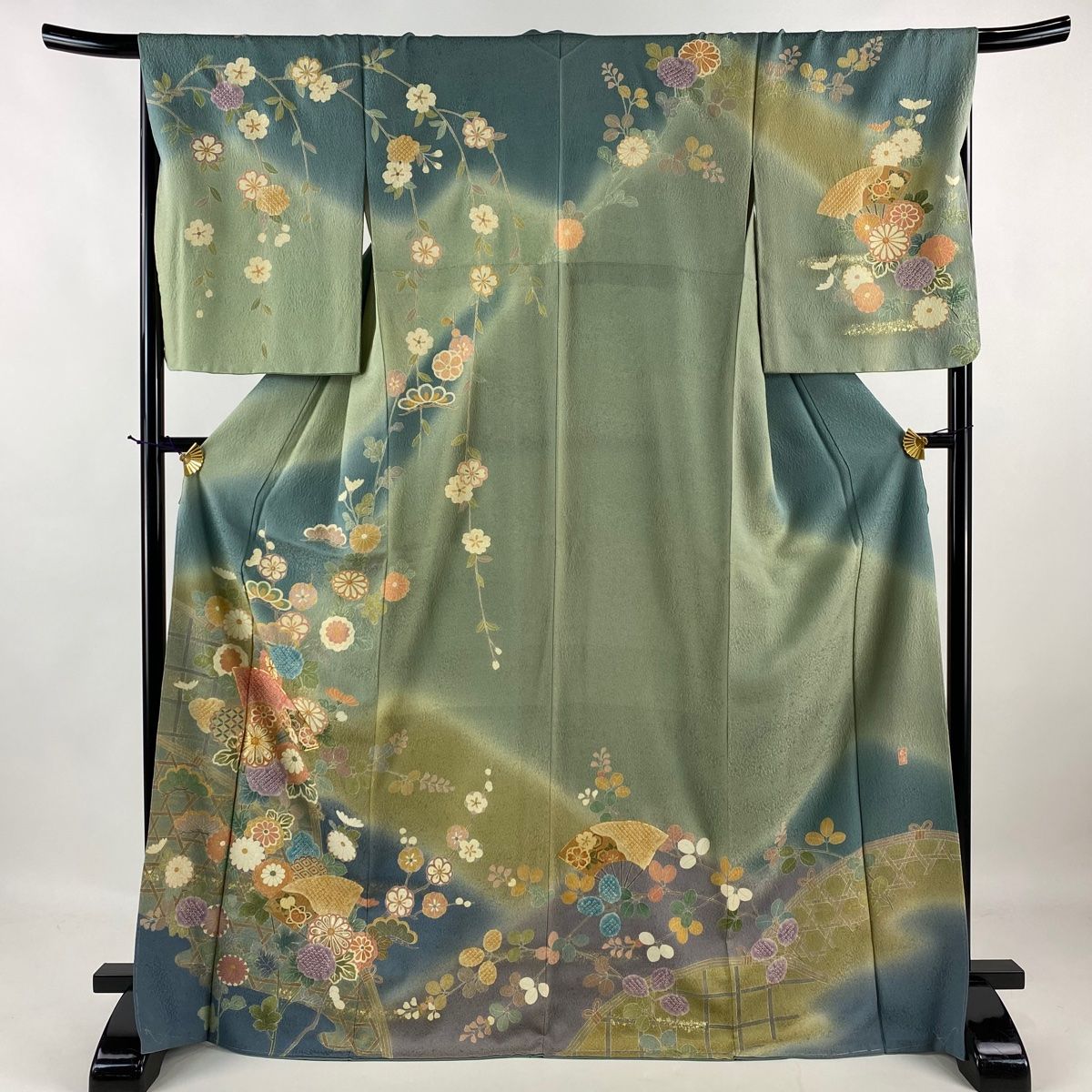 訪問着 身丈171cm 裄丈68cm L 袷 落款 扇面 菊 金糸 金彩 灰緑 正絹 美  