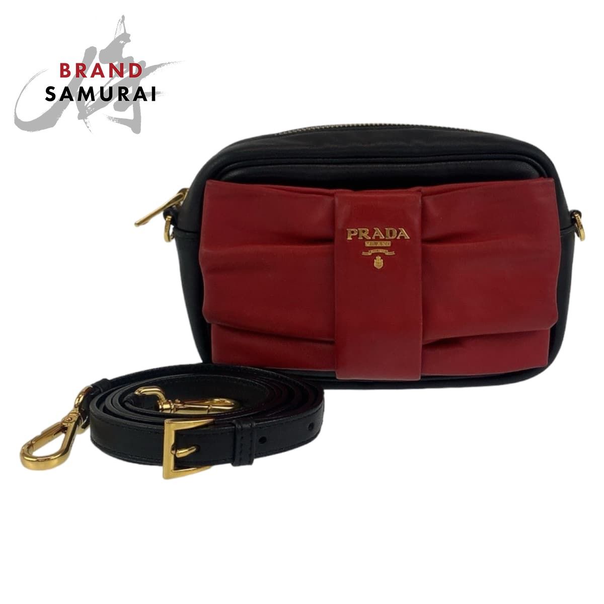美品 PRADA プラダ リボンモチーフ ブラック レッド ゴールド金具 