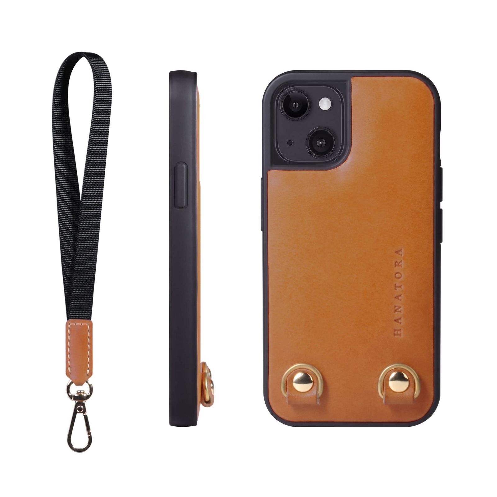 【人気商品】スマホケース スマホ ストラップリング ハンドストラップ 耐衝撃 付き イタリアンレザー 本革 ギフト ケース マグネットなし iPhone14 オレンジ HANATORA TGN-14-Orange