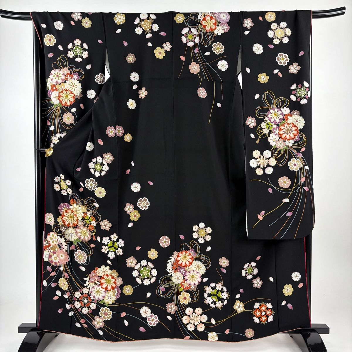 振袖 身丈162cm 裄丈67.5cm L 袷 薬玉 桜 金糸 金彩 黒 正絹
