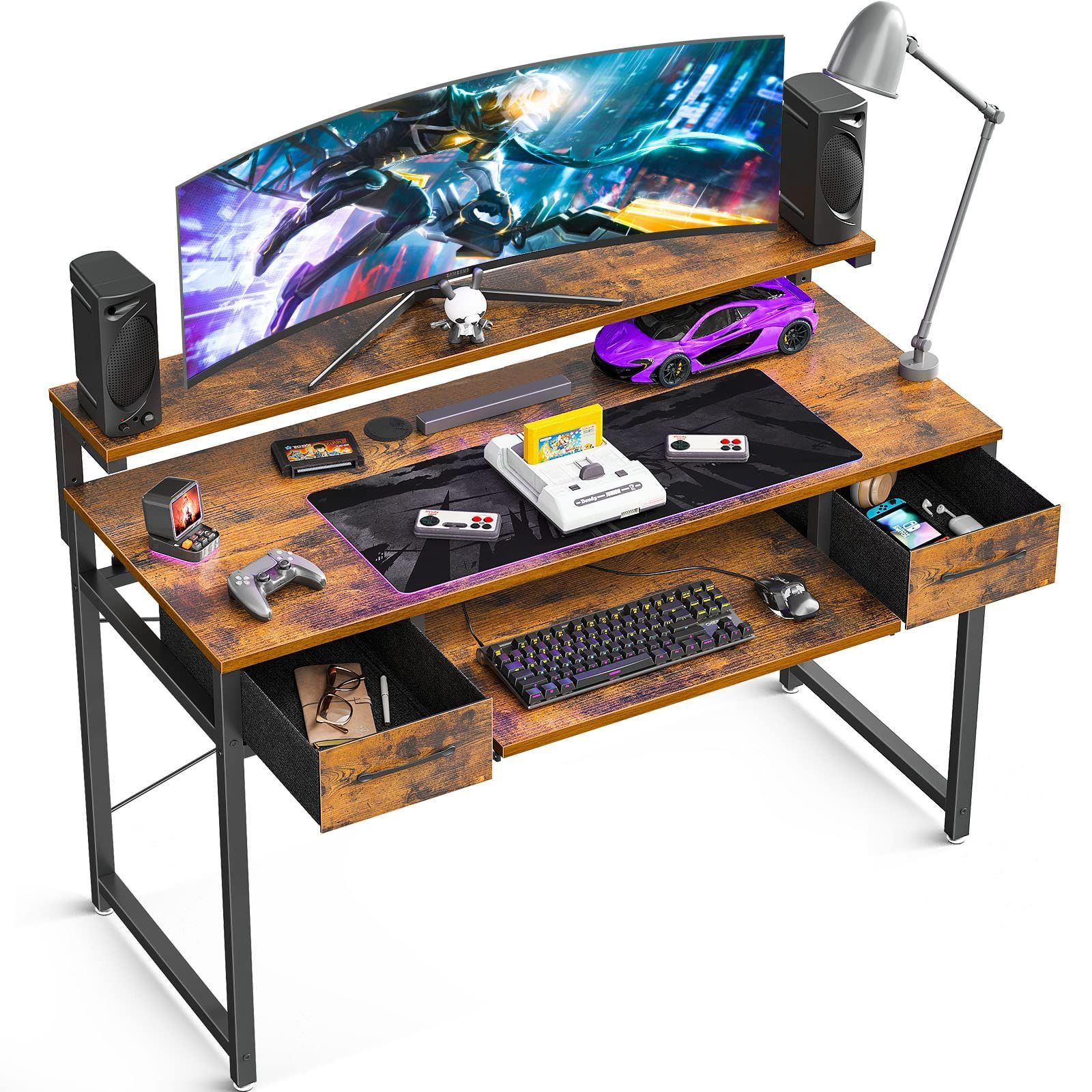 幅120cm ゲーミングデスク 机 キーボードスライダー付き pcデスク 引き出し2杯付き 3段階モニター台付き パソコンデスク おしゃれ 省スペース 一人暮らし ODK 在宅ワーク ビンテージ