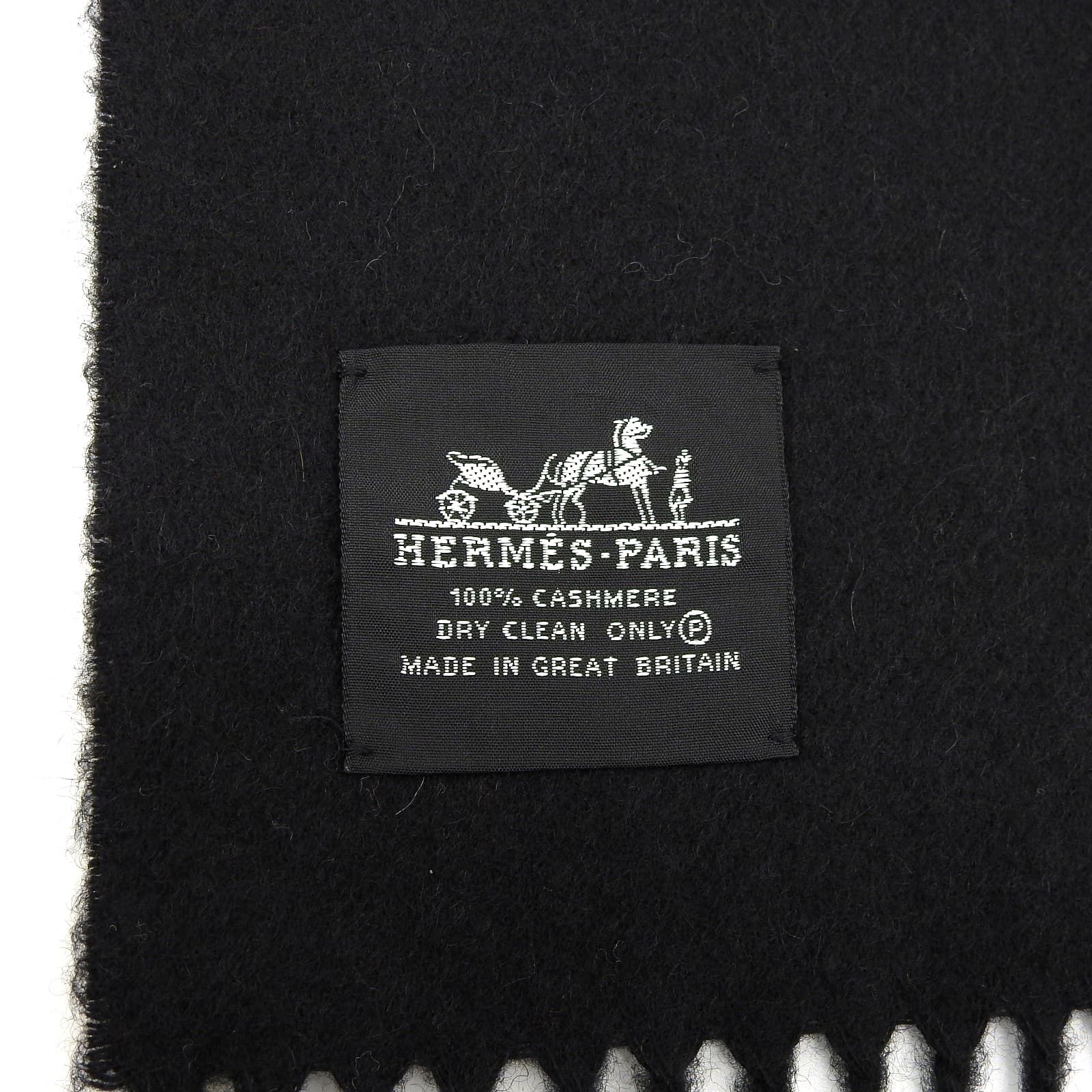 [極美品] HERMES ブラック　カシミヤ ストール　フリンジ HERMES 極美品△HERMES エルメス カシミヤ100％ ロゴ刺繍