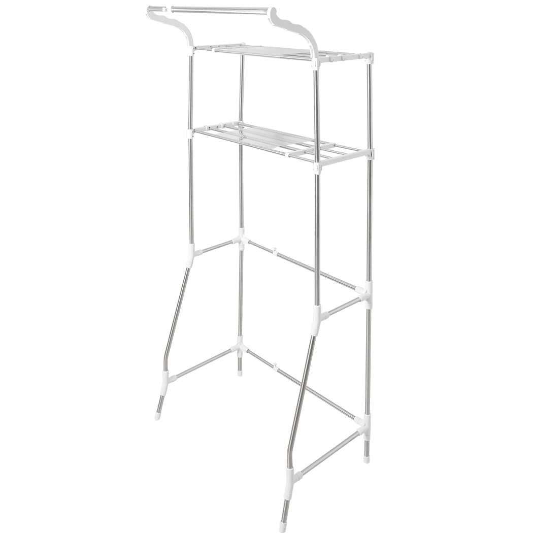 HORTDFang ランドリーラック 洗濯機ラック 収納棚 棚2段 横幅伸縮 ハンガーバー付き ステンレス製 幅62~103*奥行50*高さ173cm 省スペース 洗面所 脱衣所 幅98cmまでの洗濯機対応 ホワイト 棚2段 強化バージョン