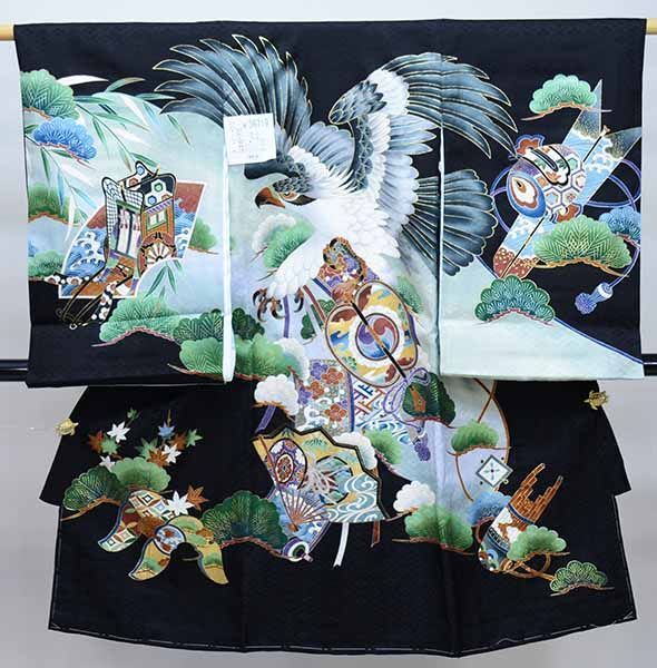 お宮参り 産着 男児 正絹 のしめ 黒地 綸子地 鷹 軍配 NO36719