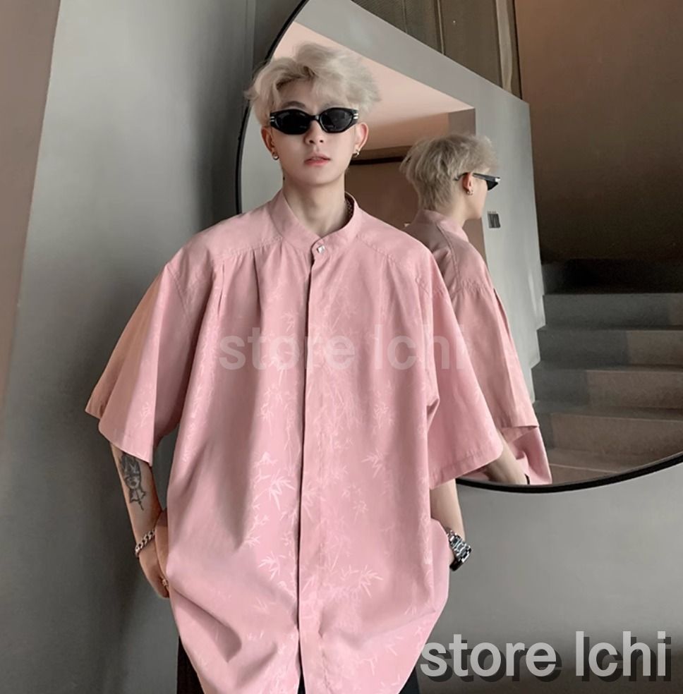 メンズ ノーカラーシャツ 総柄シャツ 半袖シャツ チャイナx7521   J-1