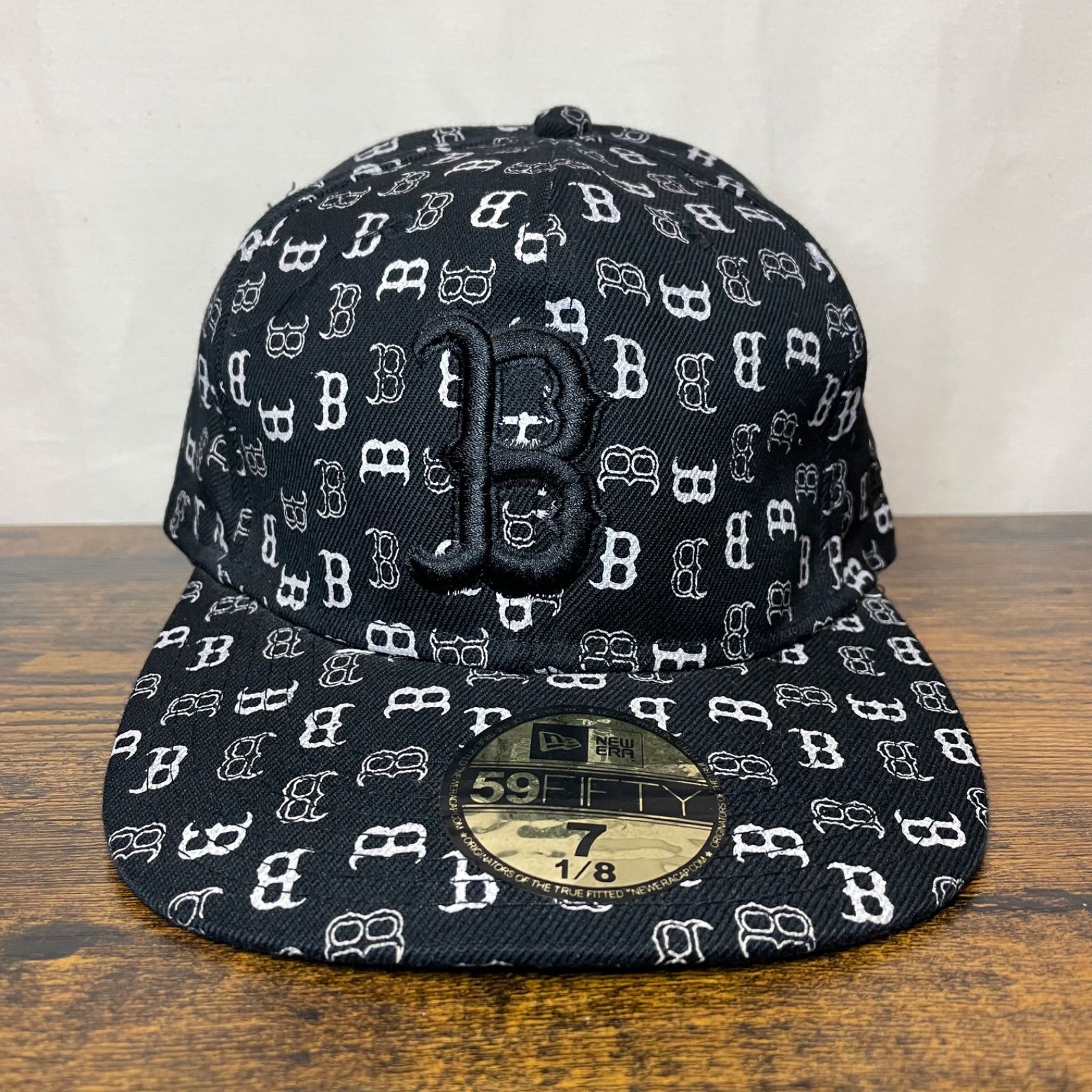 F-73ニューエラVintage総柄ロゴ×バイザー裏カモフラレッドソックスCap