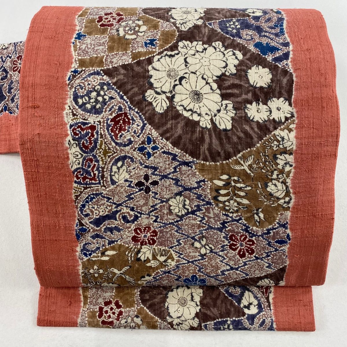 名古屋帯 秀品 花喰い鳥 草花 唐織 箔 ピンク 正絹 中古 名古屋帯 美