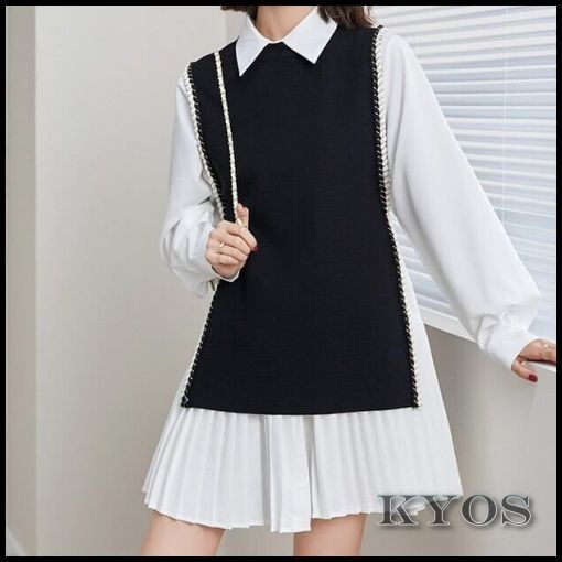 完売 新品、未使用 ニットベスト付き プリーツシャツ ワンピース ミニ 
