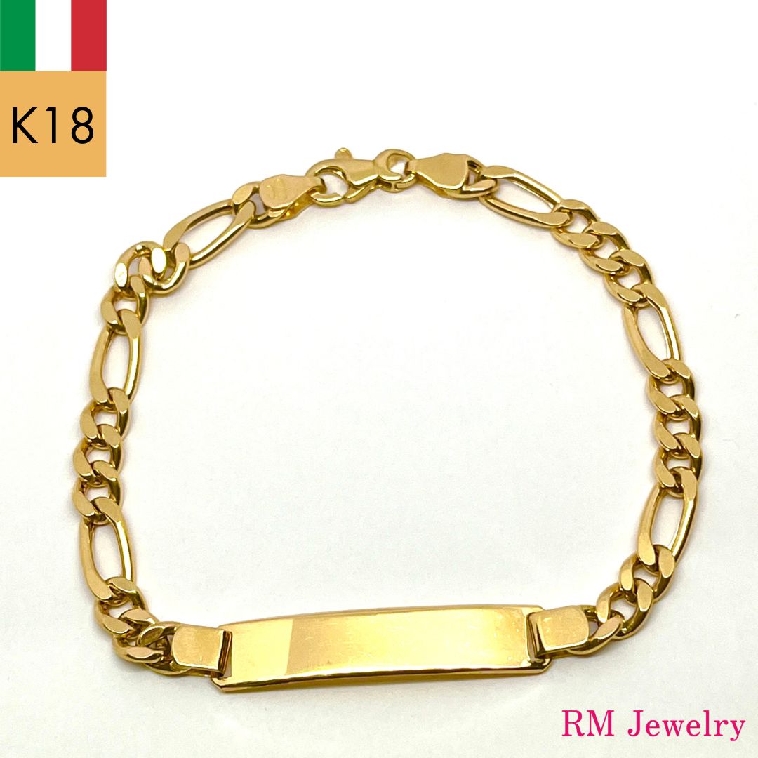 新品 18金 チェーン ブレスレット プレート 喜平 パイプ 19cm K18 YG  