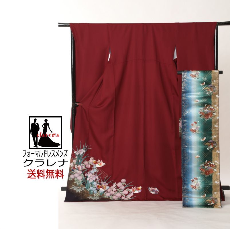 エンジ色 杜若 正絹 中振袖 藍色 深緑 正絹 袋帯２点セット(MS1100)