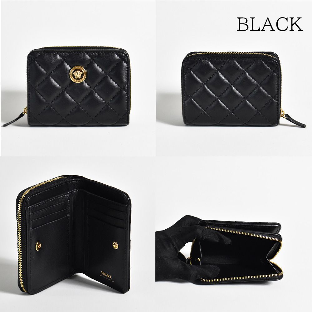 ファッション小物美品　ヴェルサーチ　メデューサ　キルティング　コンパクトジップ　二つ折り財布　黒