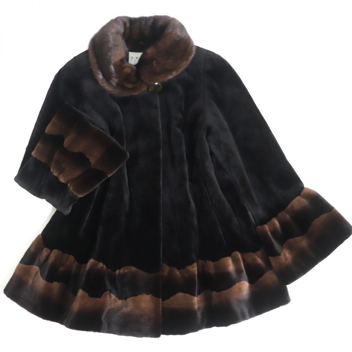 極美品▽GRES グレ ROYAL SAGA MINK ロイヤルサガ シェアードミンク×ミンク 裾フリルデザイン 本毛皮コート ダークブラウン F  柔らか◎