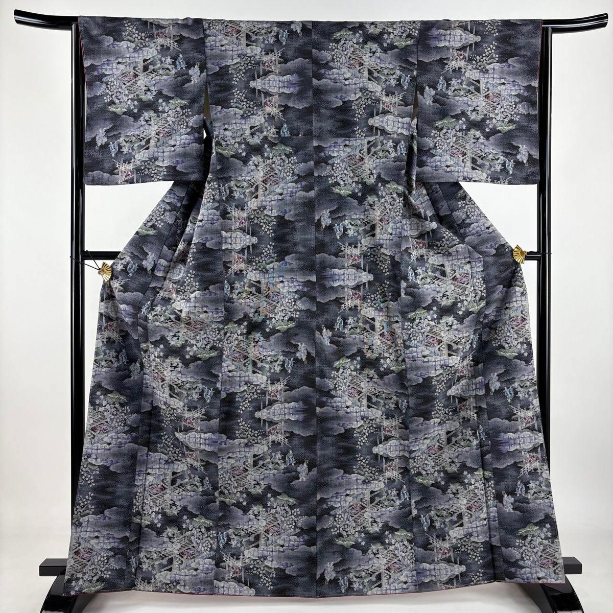 紬 身丈165cm 裄丈65cm M 袷 雲文 人物 黒灰 正絹 秀品