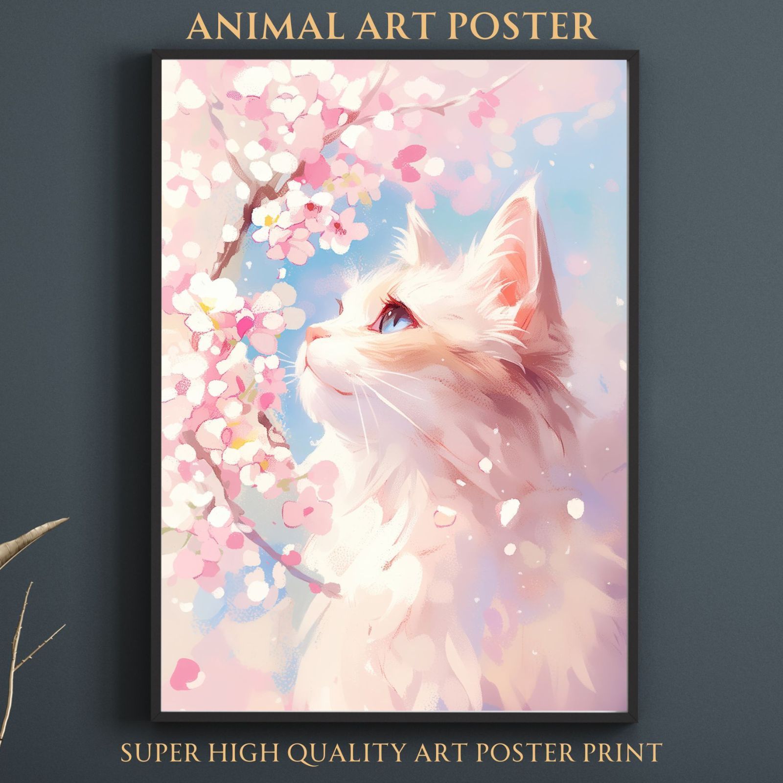 桜猫戯舞 - メインクーン No.1 桜 花見 春 花びら 子猫 猫 キャット ペットロス うちの子 記念日 アートポスター 犬の絵 犬のイラスト ギフト プレゼント