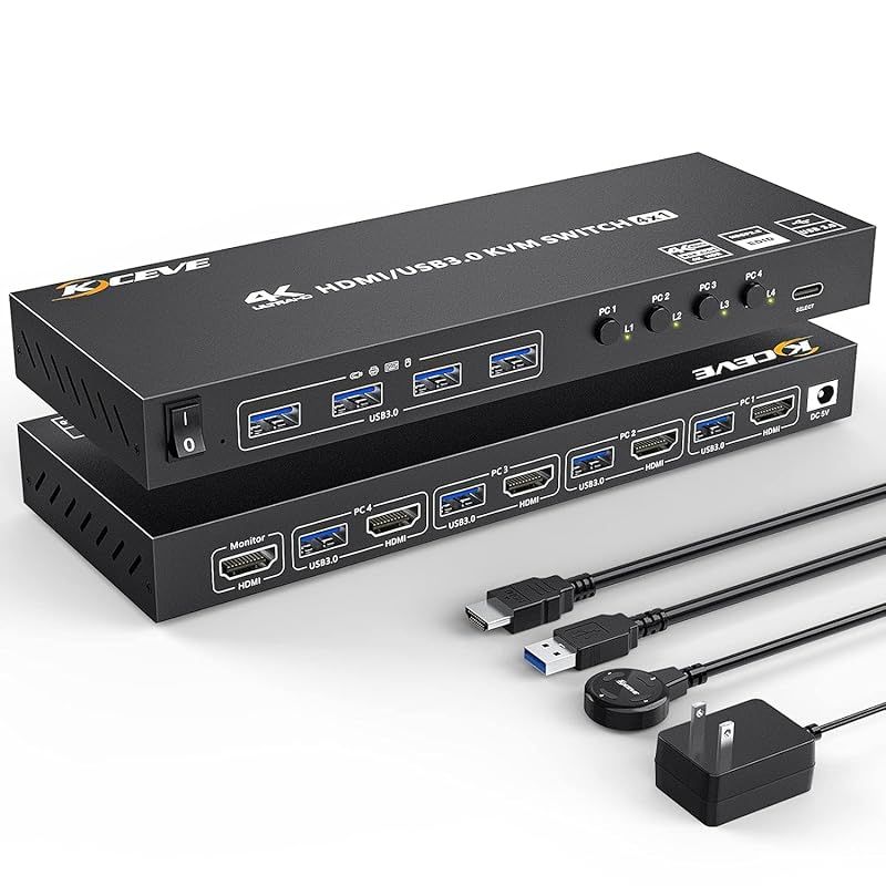 HDMI KVM切替器 4ポート 4入力1出力 PC切替器 4K 60Hz 4つUSB3.0ハブ備えたKVM HDMI 4ポートスイッチャー EDID管理 ワイヤレスキーボード マウスサポート 1