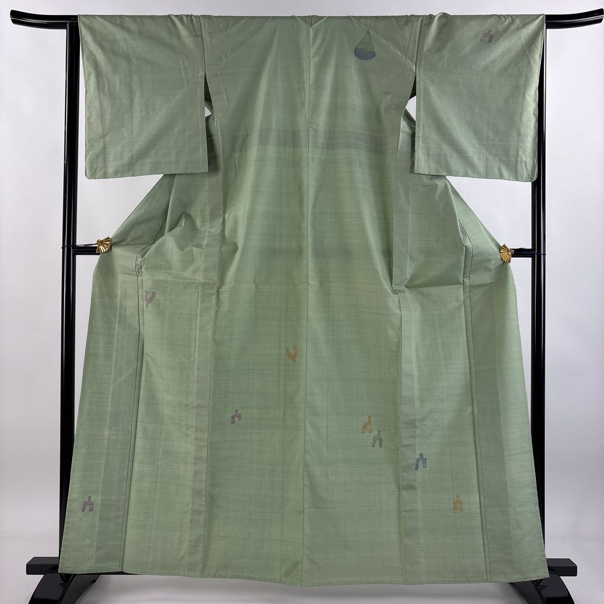 付下げ 身丈163cm 裄丈65cm M 単衣 紬地 ますいわ屋 琴柱 琵琶 薄緑 正絹 秀品