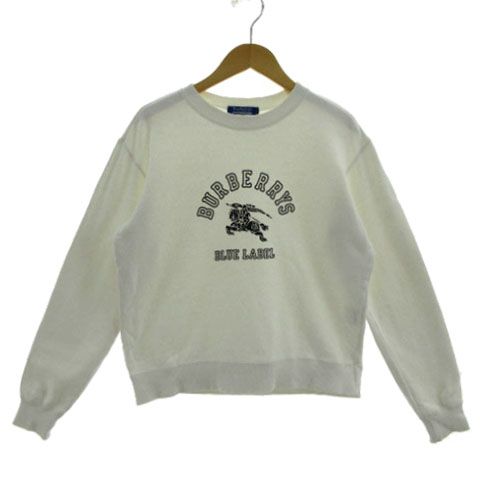 バーバリーブルーレーベル BURBERRY BLUE LABEL トレーナー スウェット ロゴプリント クロップド丈 丸首 長袖 コットン ホワイト 白 ネイビー 紺 M