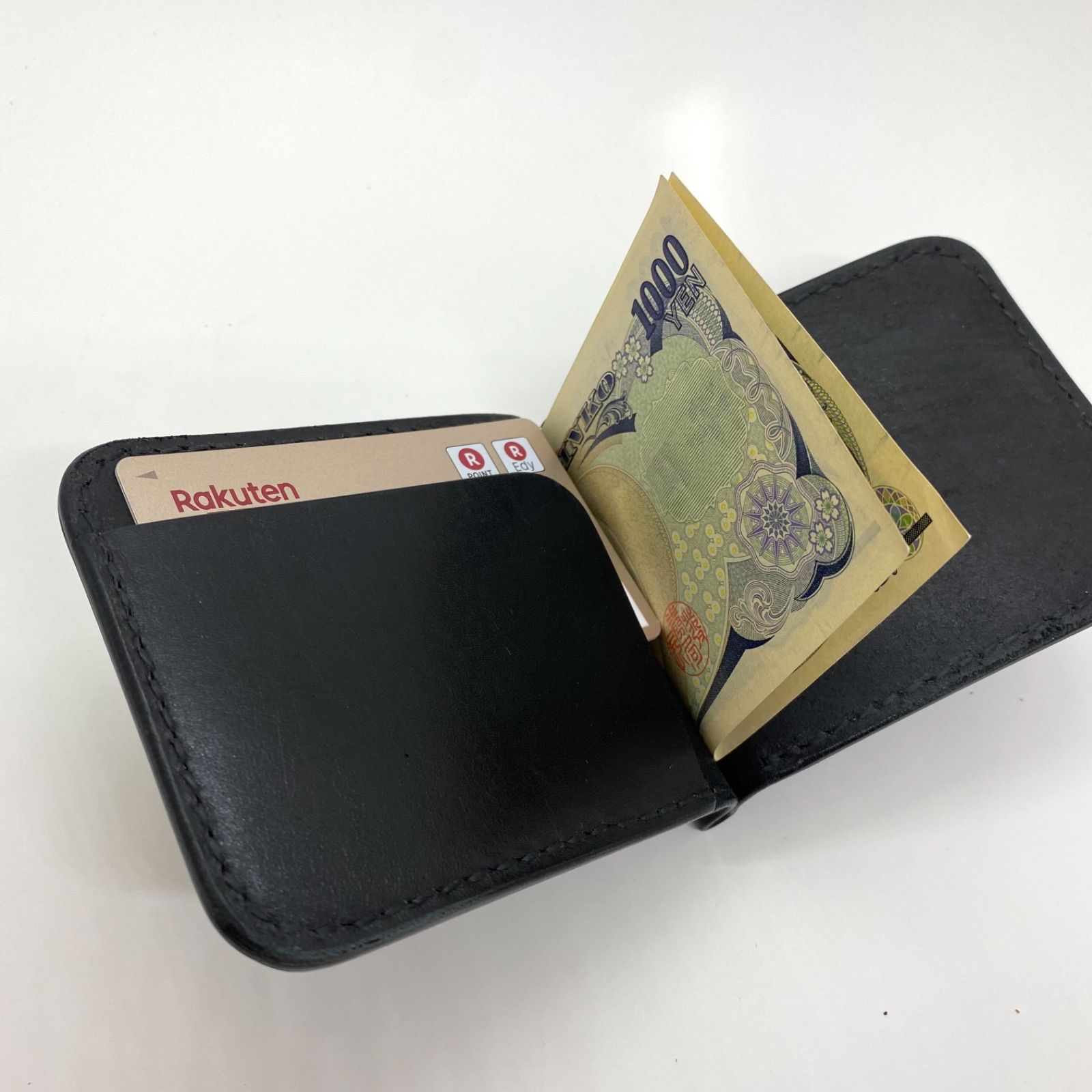 本革レザー ショート財布 マネークリップ フラワーコンチョ