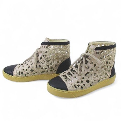 シャネル CHANEL ハイカットスニーカー レースココマーク ベージュ 黒 レザー イタリア製 カットワーク