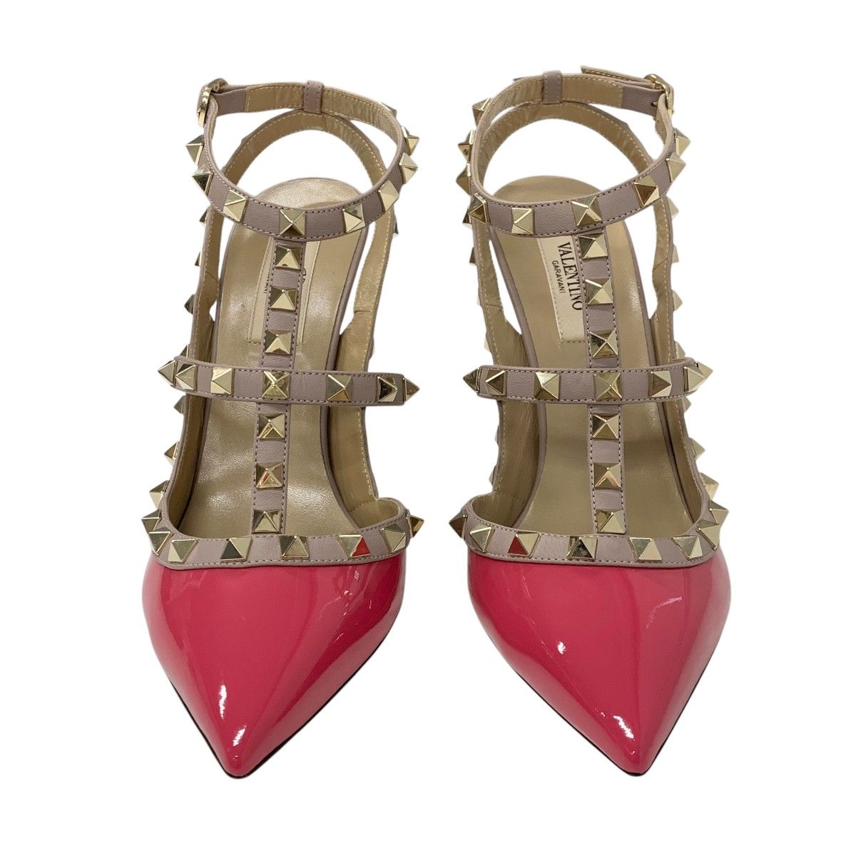 ヴァレンティノ ロックスタッズ レザー パテント パンプス ピンク系