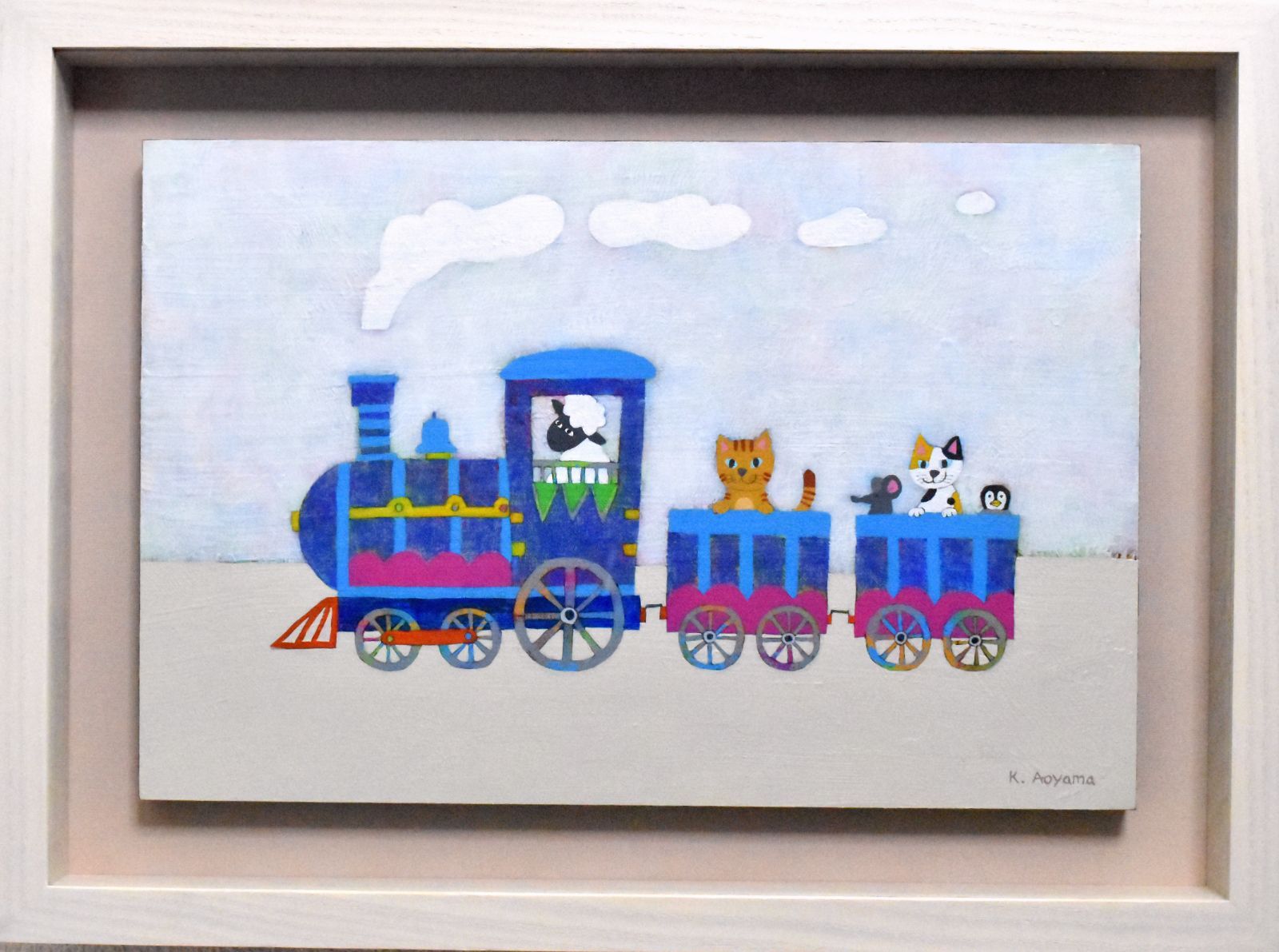 青山健一　「機関車で行こう」アクリルＰ６号　真作保証　美品！メルヘンを描く画家！ 青山健一 「機関車で行こう」アクリルP6号 真作保証 美品