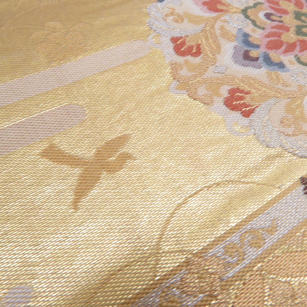 袋帯 正絹 金糸 金色x緑色x多色 鳳凰に華文紋様 六通柄 フォーマル