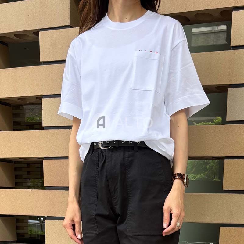 2025春夏物モデル MARNI KIDS マルニ キッズ M01415 M00RF 半袖 ロゴプリント Tシャツ ポケット付き レディース ガールズ 大人もOK 選べる3 ホワイト ネイビー パープル