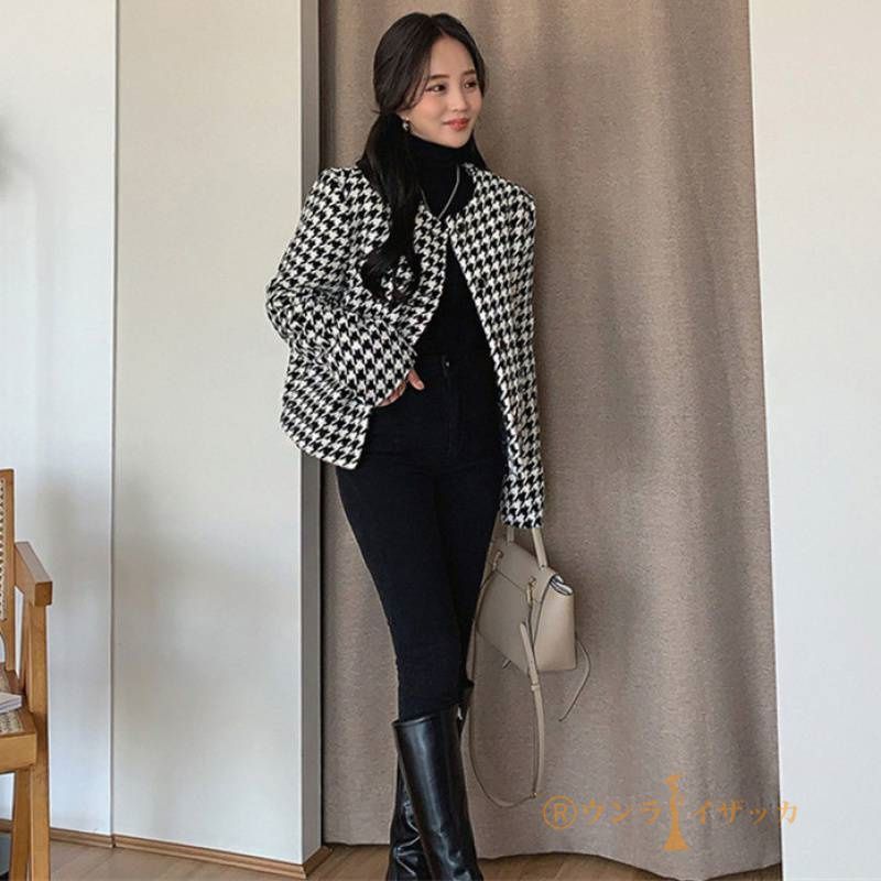 ノーカラージャケット レディース スーツ 春秋 千鳥柄