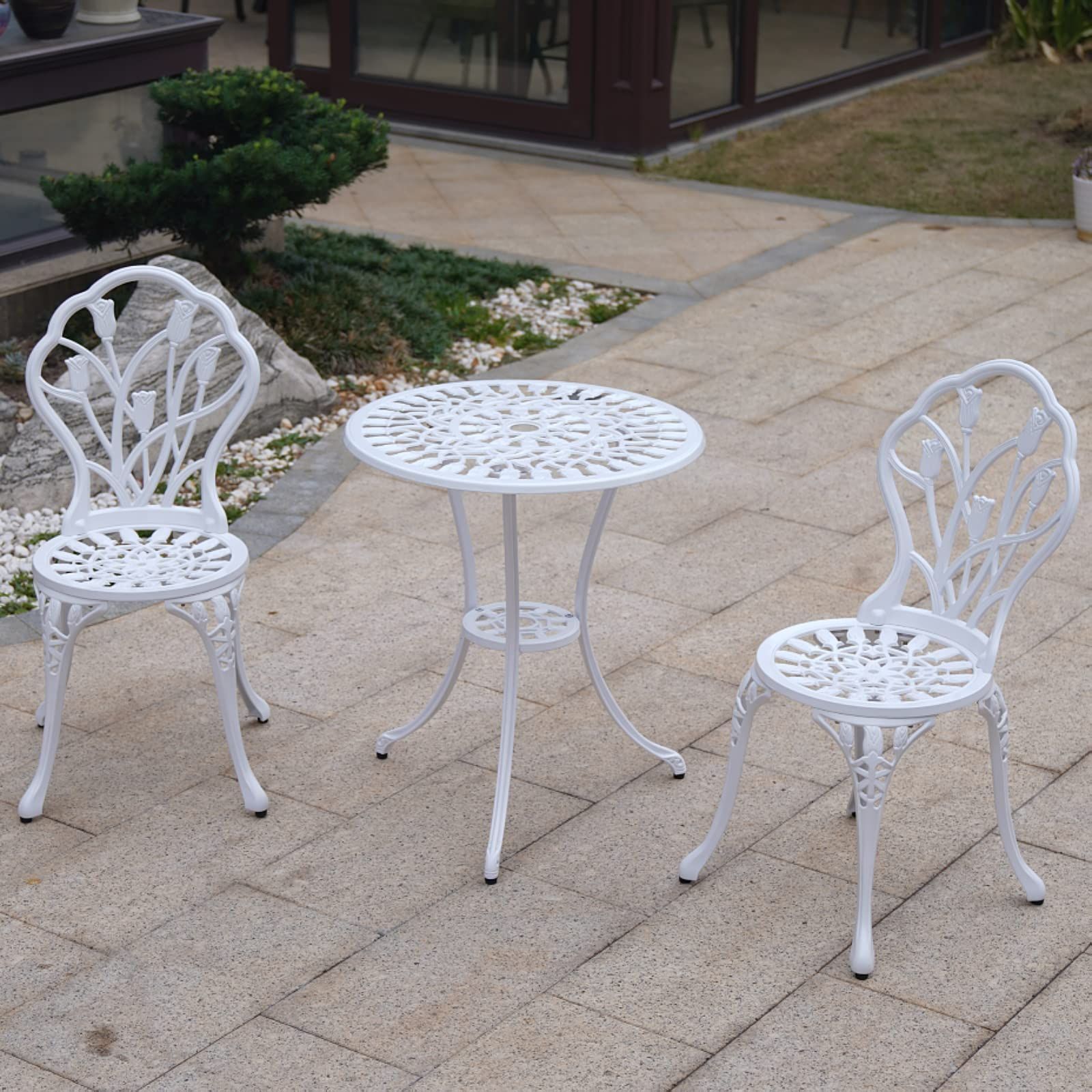 【人気商品】3点セットの居酒屋セット、屋外テラスセット、公園庭園前ポーチ家具用防錆鋳造アルミ居酒屋テーブルセット、チューリップ、 (White)