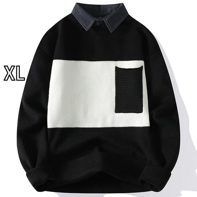 [XL ]秋冬 メンズ  服 シンプル ファッション オシャレ 大人 かっこいい 大きいサイズ ストリート 紳士服  厚手 シャツ カラー セーター 冬 フェイク ツーピース ジャケット