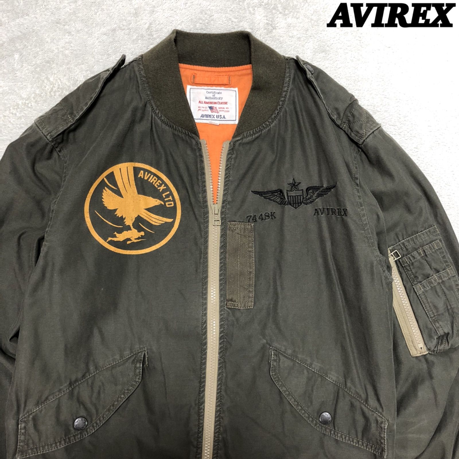 AVIREX フライトジャケット L-2B ユーズド加工 ロゴ刺繍 プリント Mサイズ ミリタリージャケット 緑系 カーキグリーン アヴィレックス
