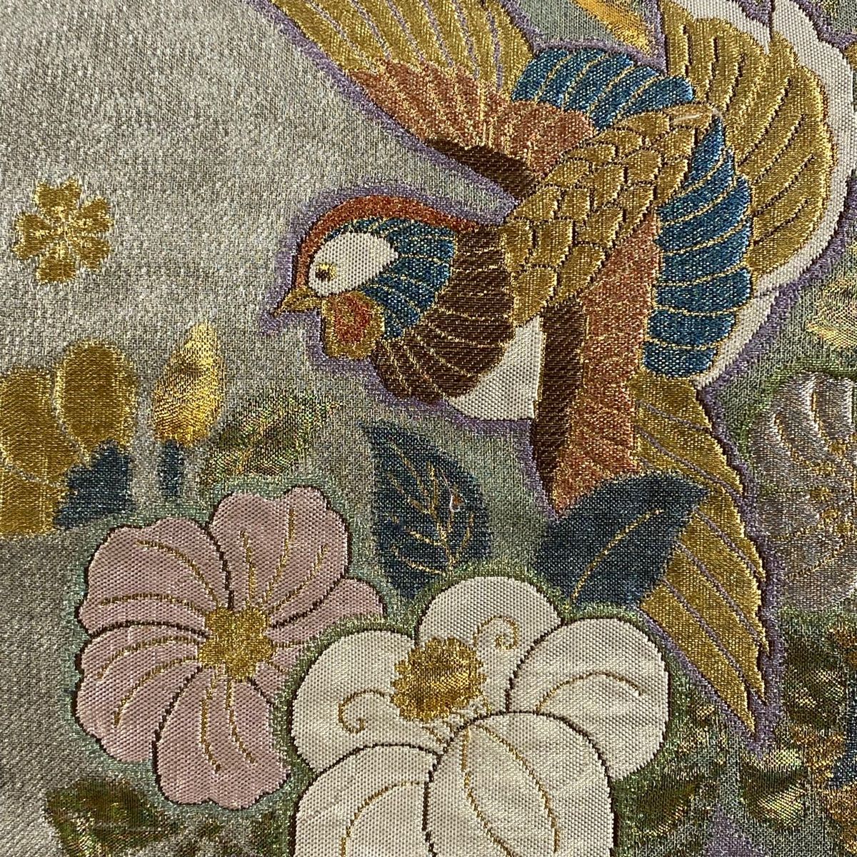 袋帯 美品 秀品 鳳凰 草花 金銀糸 箔 薄緑 六通 正絹 中古 袋帯 秀品 鳳凰 草花 箔 金糸 緑 全通 正絹 中古 袋帯 美品 秀