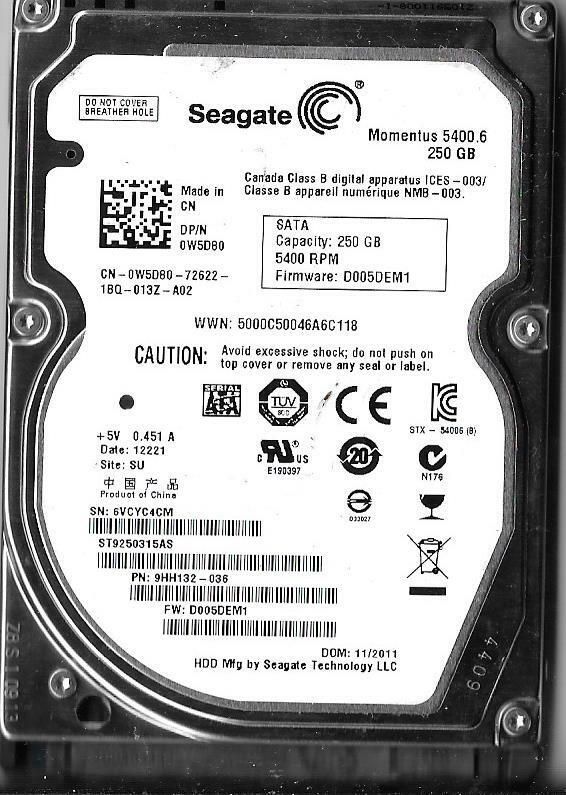Seagate ST9250315AS 250GB Sata ハードドライブ P/N: 9HH132-036 6VC SU F/W: D005DEM1