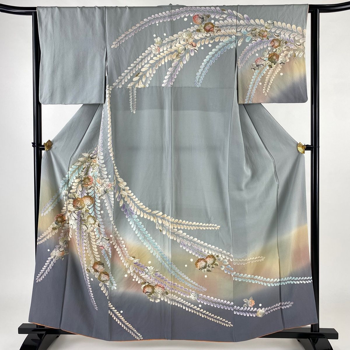 着物　つけさげ　金彩　ぼかし　花　つばめ　袷　灰色　グレー　正絹　秀品 訪問着 身丈160cm 裄丈63.5cm S 袷 辻が花柄 金彩 ぼかし 青灰色