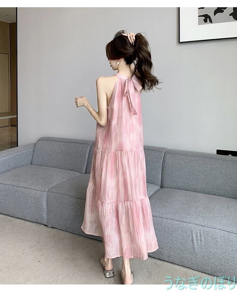 ワンピース ハイネック ノースリーブ ピンク バックリボン ロングスカート パーティー 夏 レディース フ Aライン 0725