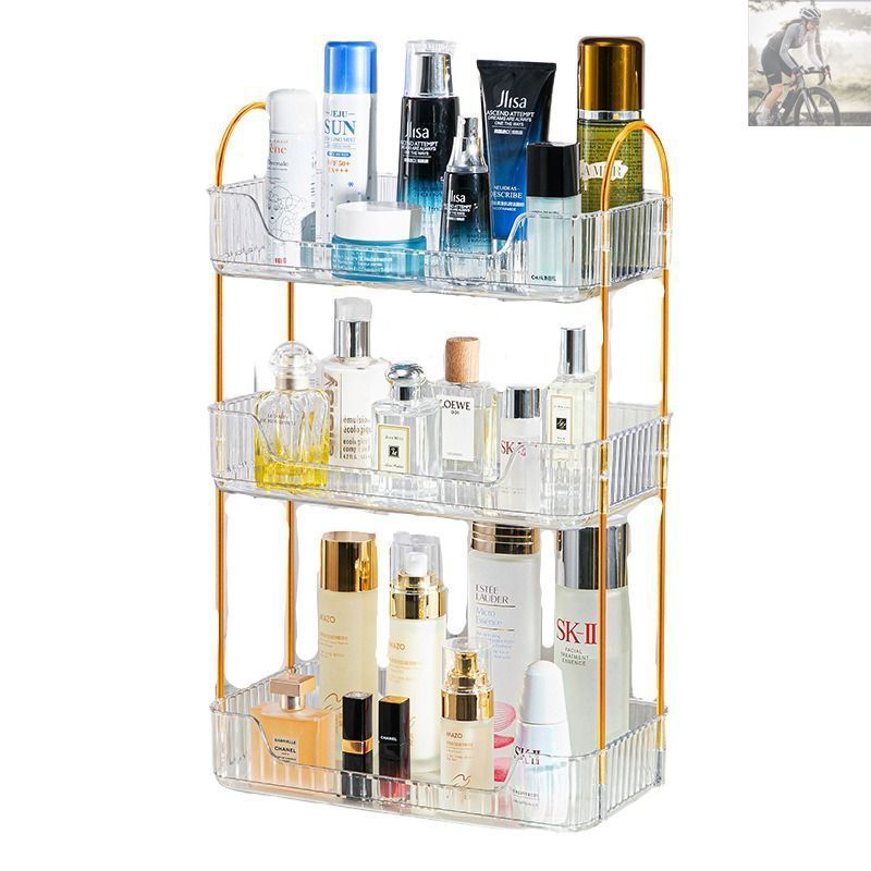 収納ラック コスメラック テーブル用 3段 半透明 長方形 おしゃれ カラーバリエーション クリア ゴールド グレー グリーン 多機能 リビング キッチン 寝室 バスルーム 洗面台 プラスチック 