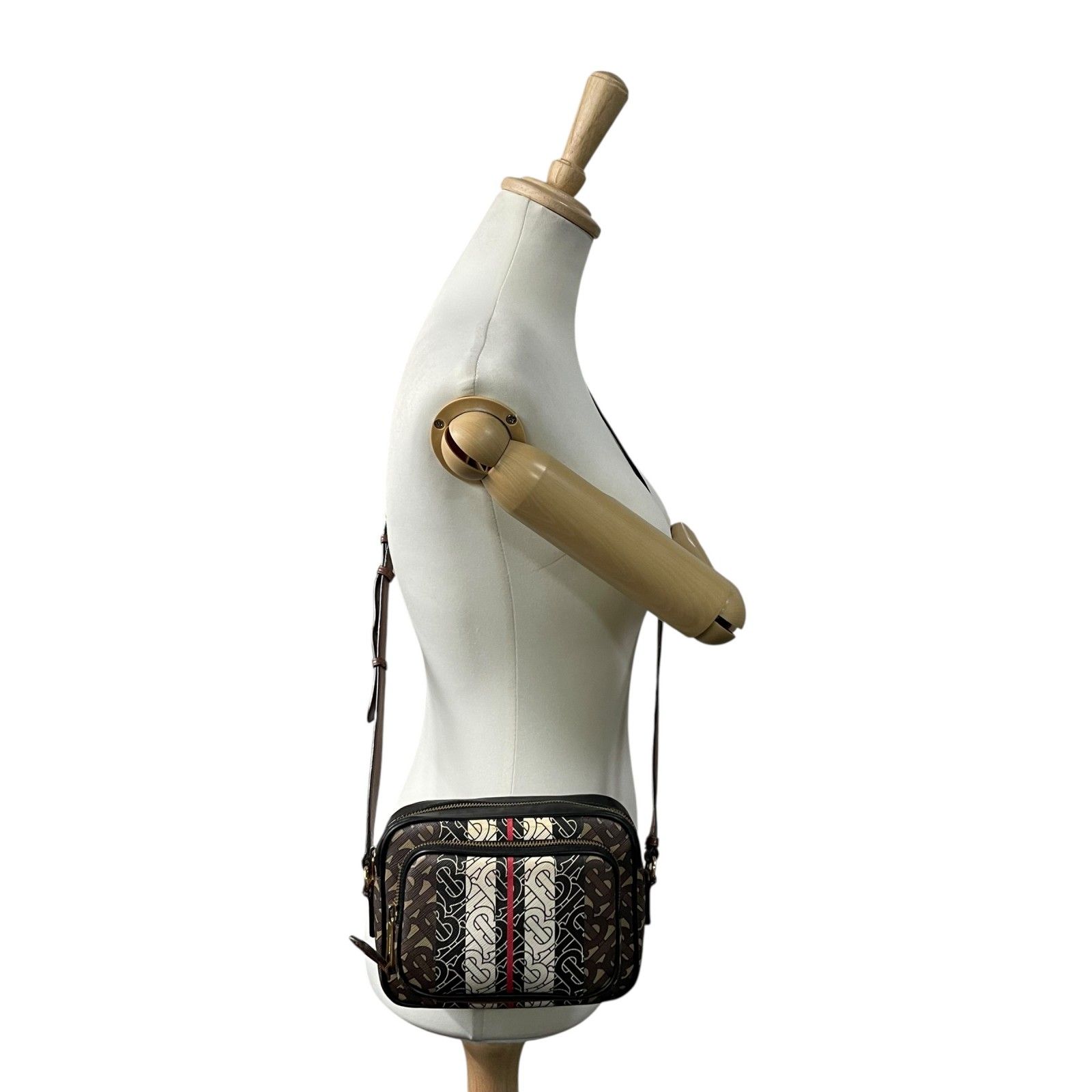 BURBERRY バーバリー TBロゴ モノグラム ストライプ PVC レザー ショルダーバッグ ゴールド金具 ブラウン 8031748 BURBERRY - BURBERRY バーバリー TBロゴ モノグラム ストライプ PVC