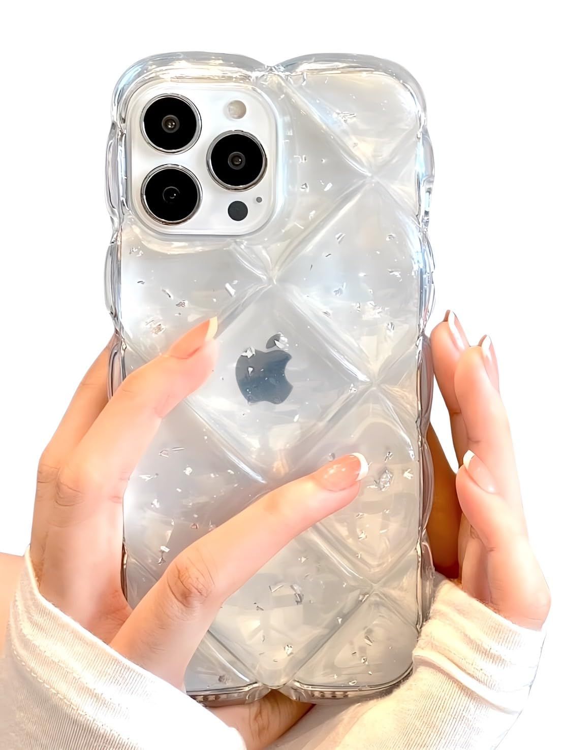 saymi's キルティング クリア おしゃれ 韓国 iPhone16 ケース きらきら ぷっくり 衝撃吸収 クッションデザイン 立体 シルバー 持ちやすい 透明 可愛い 推し活 (iPhone16)
