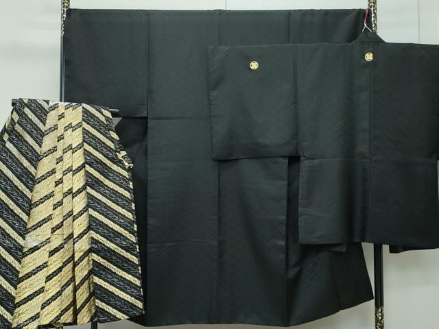 平和屋着物 上 男性 色無地 紋付き羽織 行灯袴セット 黒地 花菱地紋 舞台衣装 洗える着物 CZAA3653s5