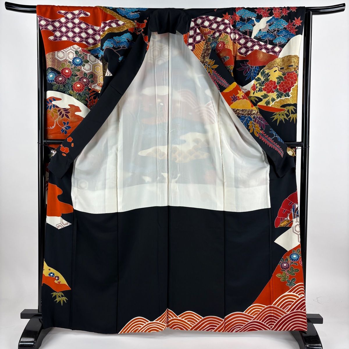 振袖 身丈164.5cm 裄丈64cm M 袷 檜扇 御所車 金糸 金彩 黒 正絹