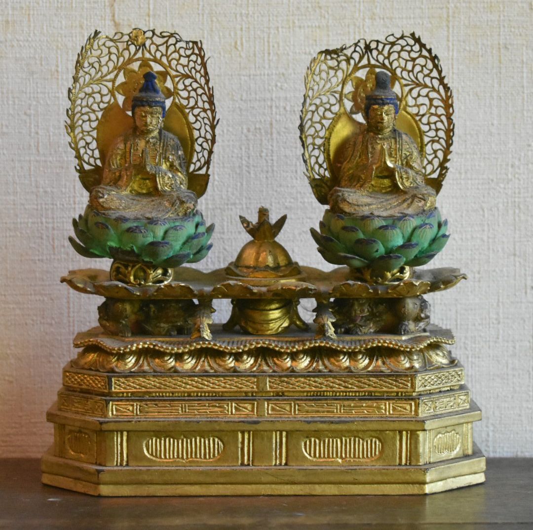 三宝尊 仏像 木彫 光背透かし彫り彫金 時代もの ☆仏教美術 江戸 多宝