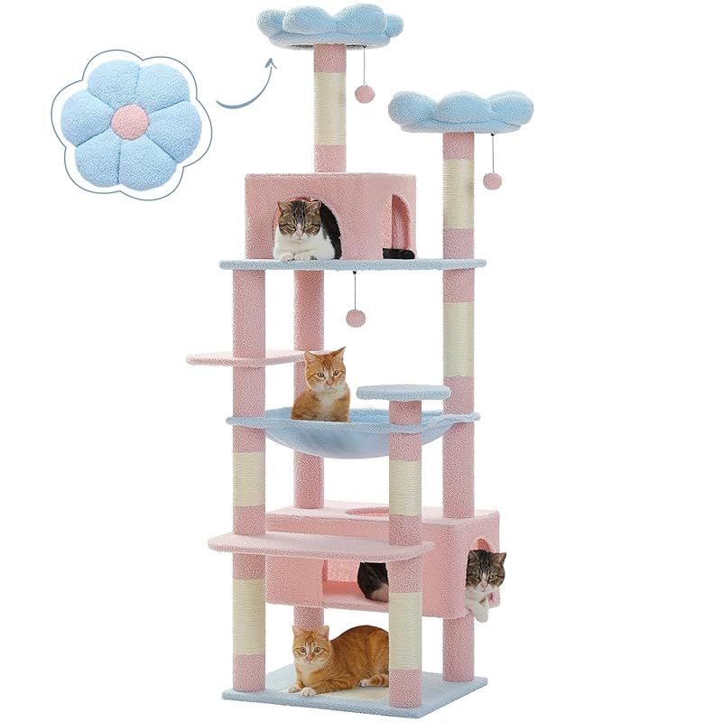 PETEPELA ぺテぺラ キャットタワー 大型猫用 コンパクト 多頭飼い 据え置き型 スリム ハンモック 麻紐爪とぎポール 猫のおもちゃ 転倒防止ベルト付き 展望台 猫ベッドカバー取り外し 運動不足解消 - ブルー 高さ180cm 0