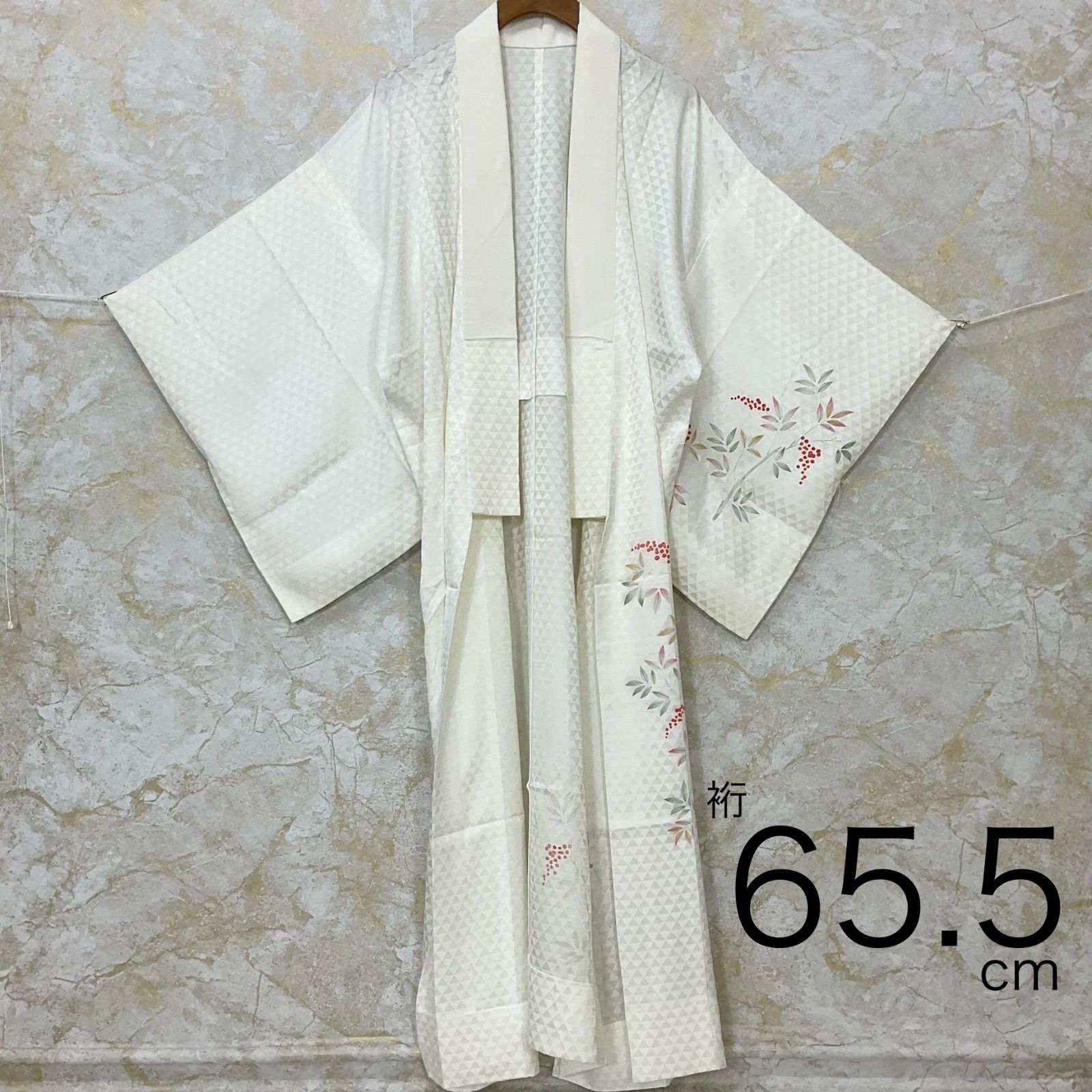 kimono+one◆美品◆長襦袢◆単衣◆袖無双◆白◆植物◆白半衿付◆三角◆裄65.5肩丈128.5◆小紋紬附下訪問着留袖袷単衣夏着物◆K1168