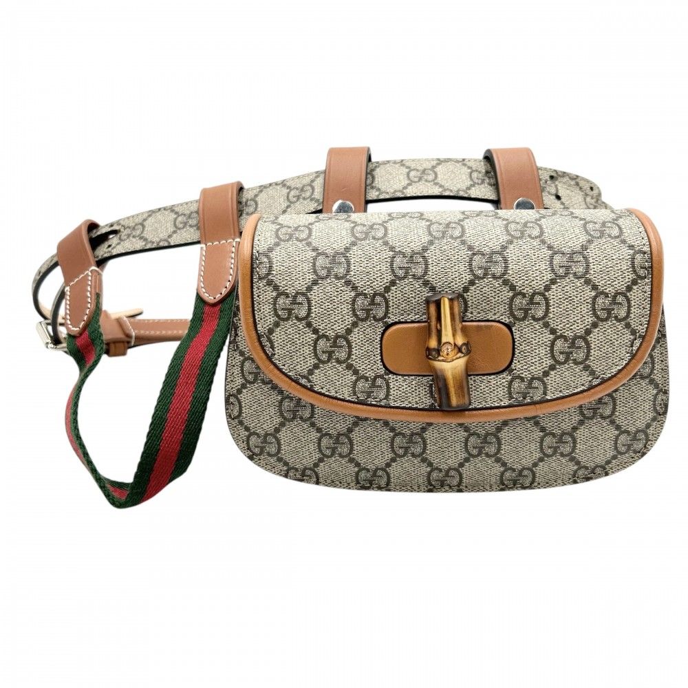 グッチ ウエストバッグ メンズ バンブー ボディバッグ ウエストポーチ 鞄 かばん GUCCI 681137 GGスプリームキャンバス レザー ベージュ ブラウン 茶 シルバー金具