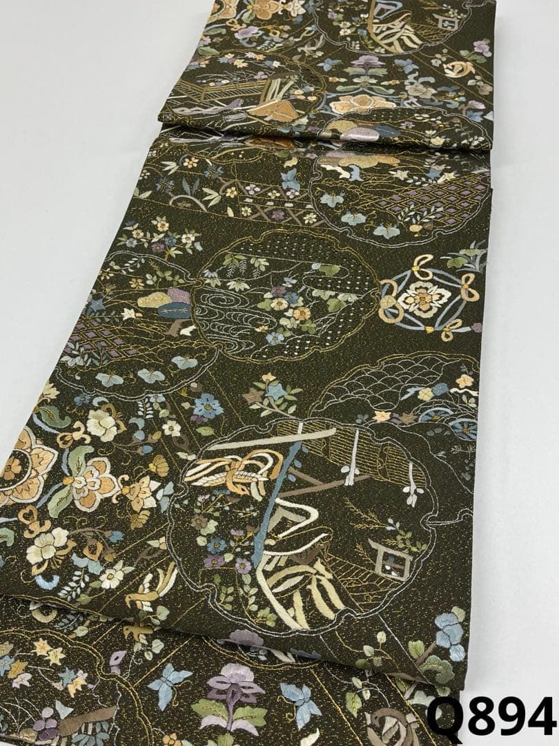 蘇州刺繍 汕頭刺繍 明綴れ地 袋帯 鳳凰 鳥 雪輪 金通し 正絹 六通 Q894