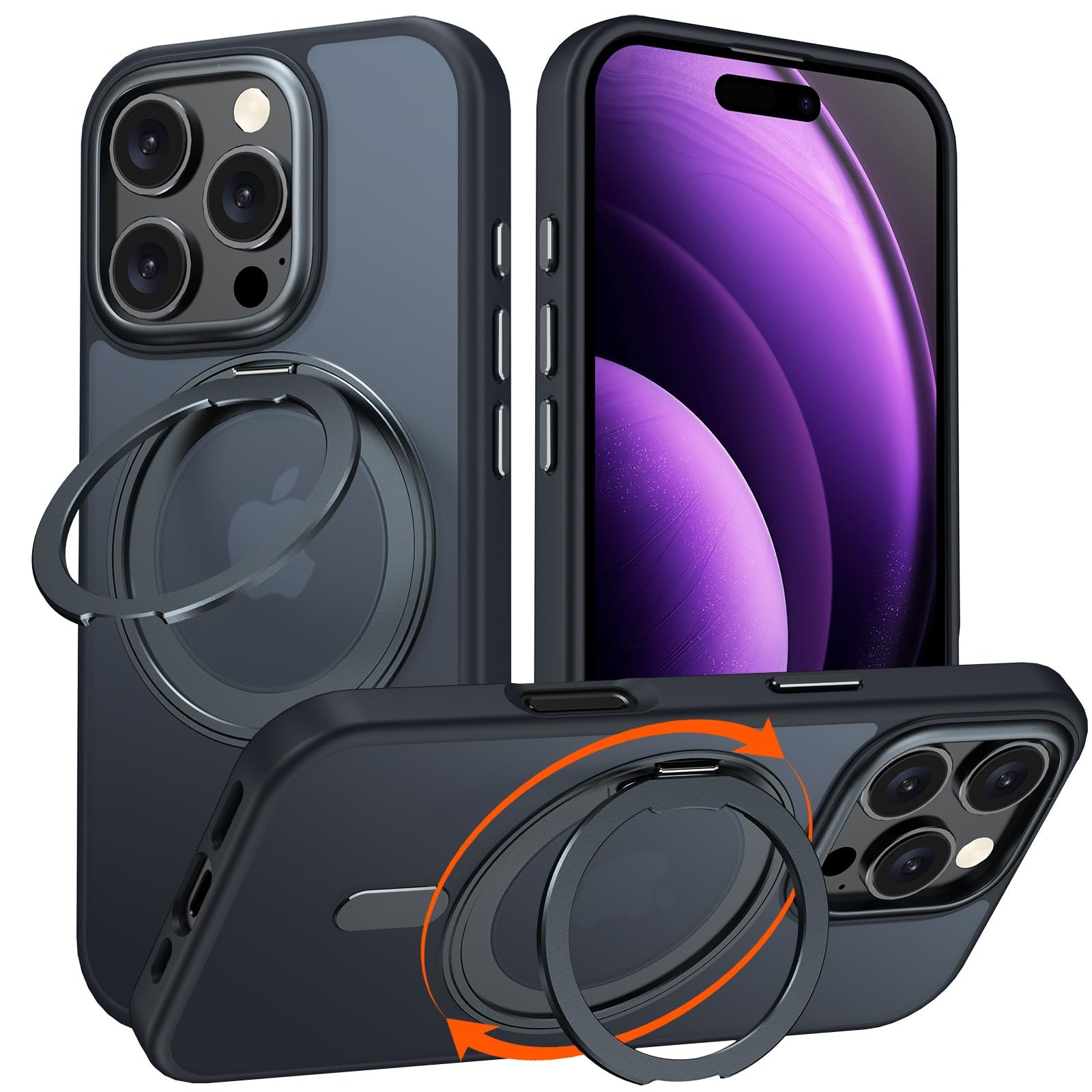 ワイヤレス充電 車載ホルダー 携帯ケース 対応 16pro アイホン ストラップ穴付き スマホケース Uovon 半透明 360回転スタンド カバー 指紋防止 アイフォン16プロ Magsafe対応 黄防止 ケース 用 ・ Pr