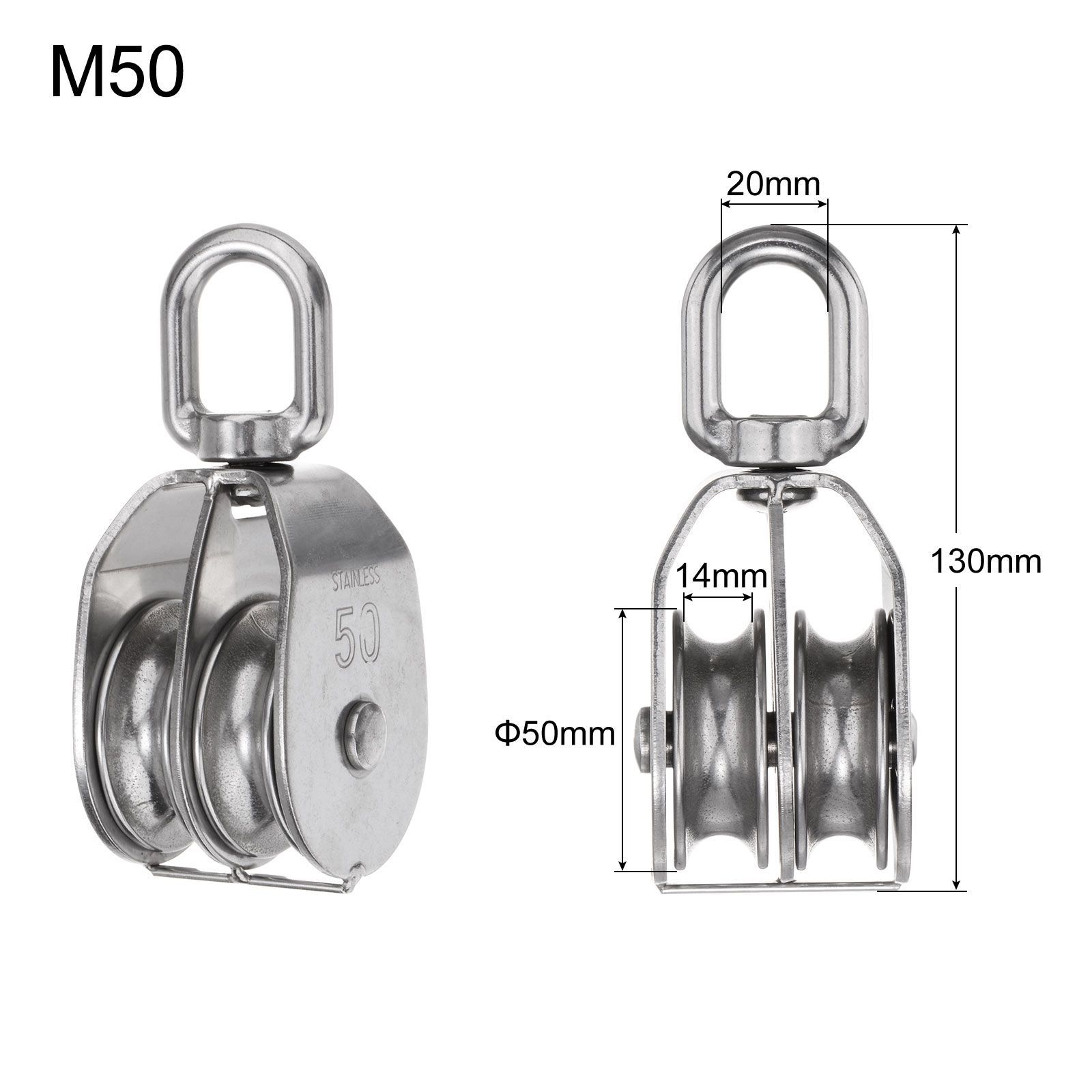 uxcell 2個セット M50 ダブルプーリーブロック ステンレススチール製回転リグリングリフティングホイール固定プーリー クレーン用ワイヤー牽引ホイール ロープケーブルプーリーローラー