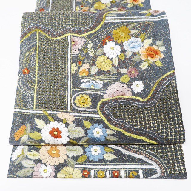 スワトウ　帯 袋帯 中古 汕頭刺繍 スワトウ 中国三大刺繍 花模様 金通し 六通