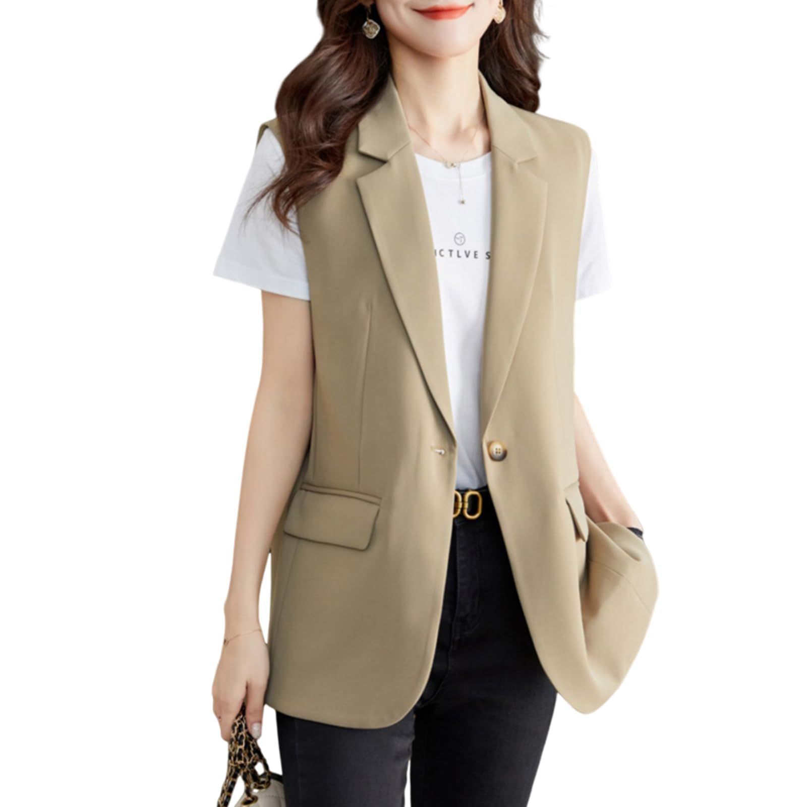 Color キャメル_Size L Leadamon-oee ベスト レディース ジレ 袖なし アウター トップス ノースリーブ ジャケット 体型カバー ゆったり Vネック ポケット付き シャレ おしゃれ お洒落 前開き 無地 裏地あり レイヤード用 通勤