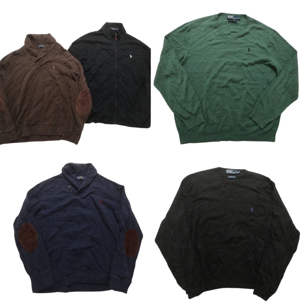 古着卸 まとめ売り ラルフローレン セーター 5枚 (メンズ 2XL ) ショールカラー フルジップ ブラック エルボーパッチ  古着 NC3330